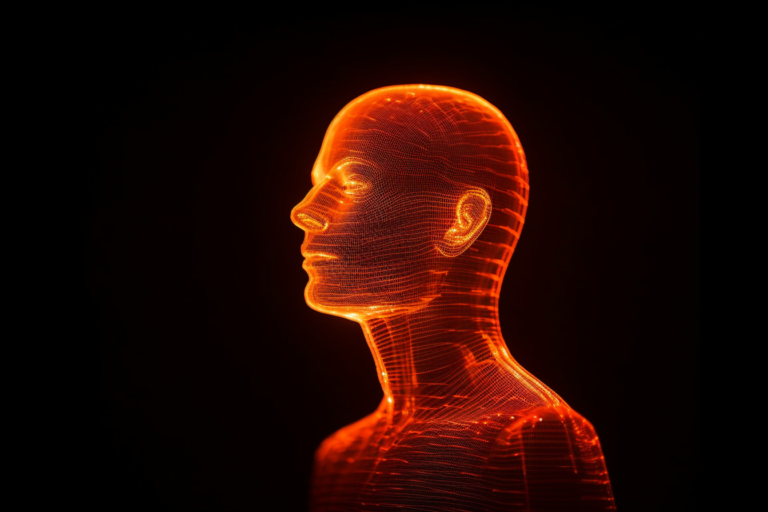 Fotografie postavy člověka se svítící hlavou, která symbolizuje myšlenky a emoční stav jedince