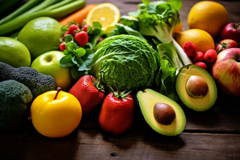 Fotografie několika druhů ovoce a zeleniny na dřevěném stole, které ilustrují zdravou stravu pro snižování kyselosti v těle.