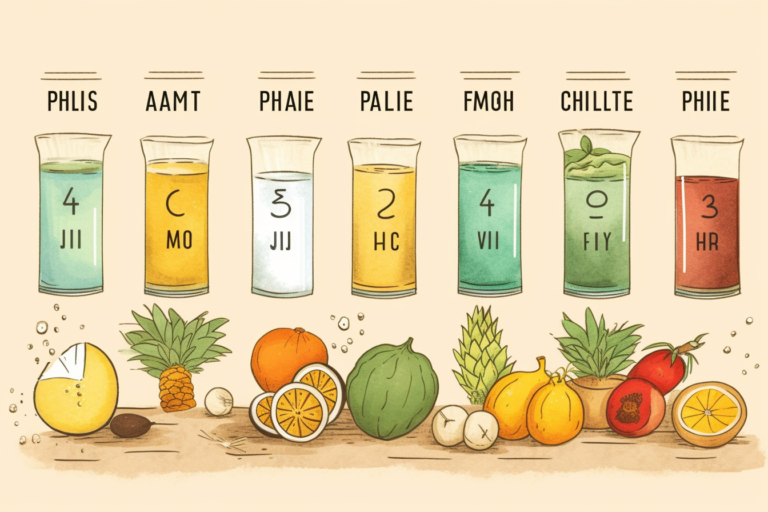 Ilustrace ukazující pH škálu a různé potraviny rozdělené podle jejich kyselosti nebo zásaditosti.