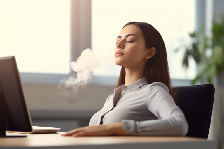 Osoba sedící u stolu v práci, provádějíc techniku řízeného dýchání, aby snížila stres během pracovního dne